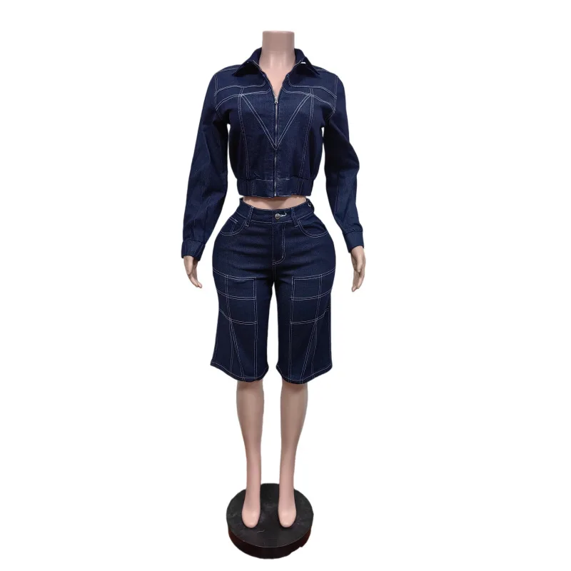 Damen-Denim-2-Teiler-Outfit mit Kontrastnähten, Reißverschluss-Crop-Jacke, hochtaillierter knielanger geradem Hosen, Y2K-Streetwear-Matching-Set – Detail 6