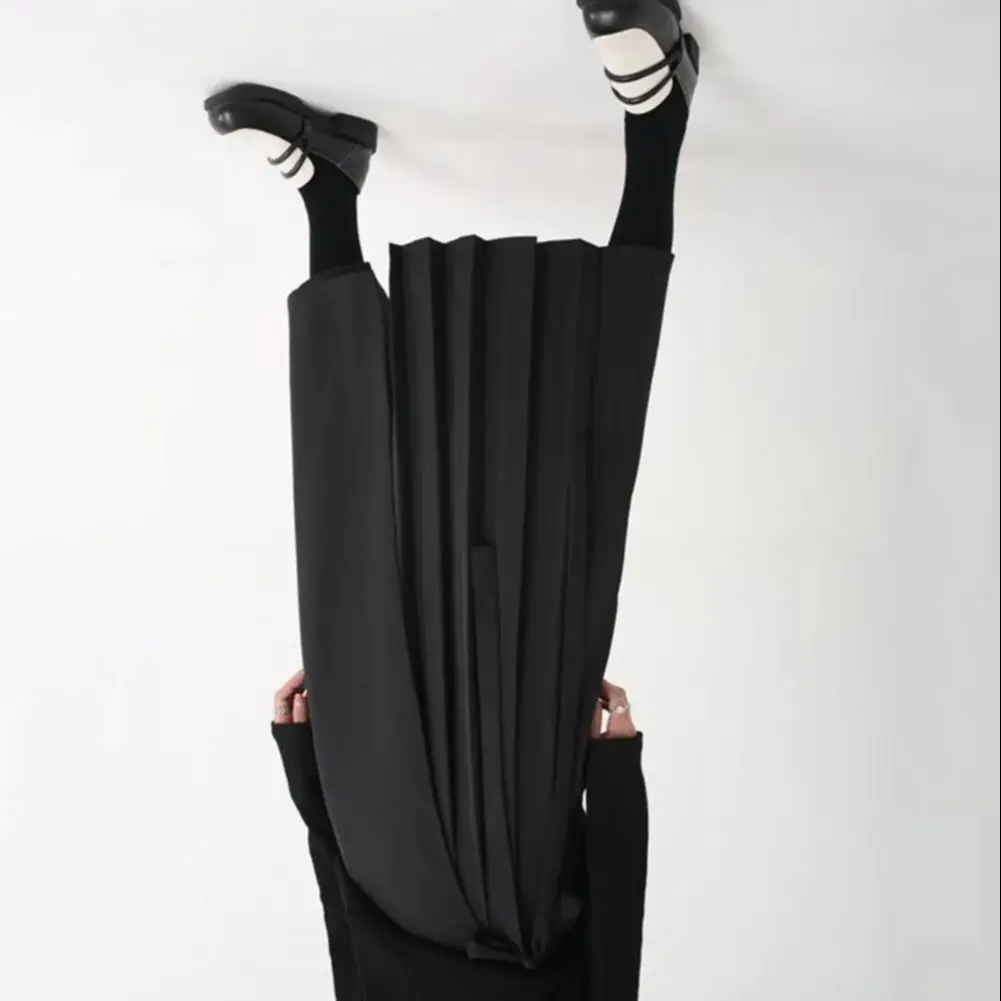 Women Pants Dark Style Black Solid Color Pleated Fake Two-piece Irregular High Street Loose Wide Leg Casual Individual Mid-calf