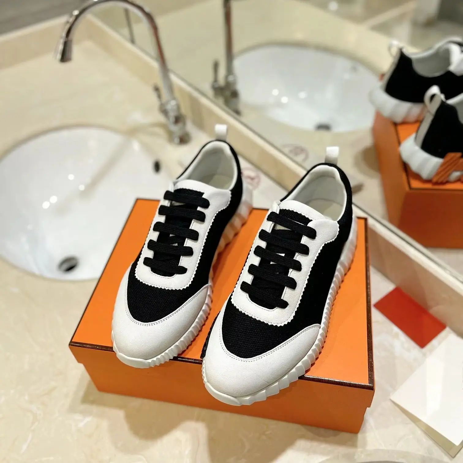 Black White Knit Fabric Suede Ridged Thick Sole Sneakers Unisex for Men Women