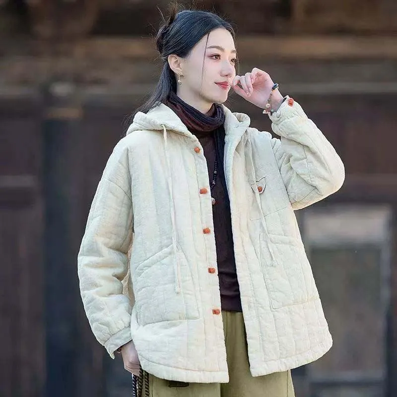 Women Hooded Ramie Cotton Parkas Solid Color Button Coats 2026 New Winter Chinese Style Warm Plus Cotton Pockets Parkas