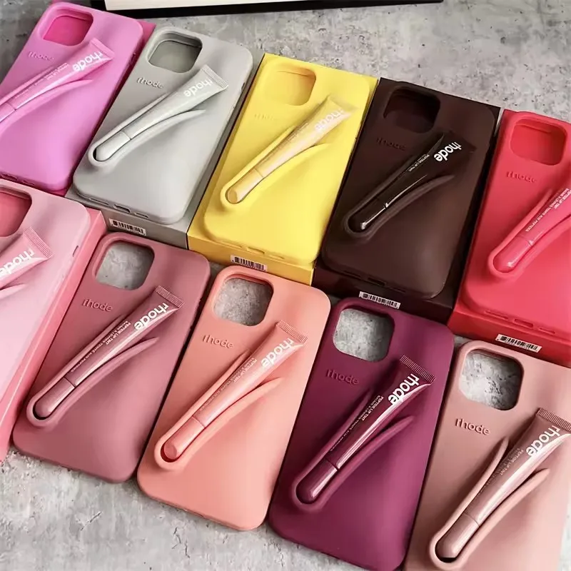 Gloss à lèvres RHODE, compatible avec iPhone 11/13/14/15/16/17 Pro Max Plus, coque de protection en silicone pour maquillage, avec gloss à lèvres