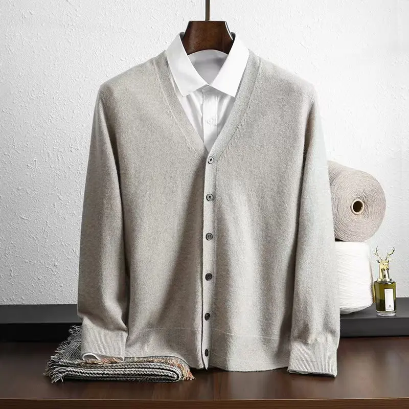 Soft and skin friendly~100% cashmere cardigan men\'s V-neck business casual fashionable loose sweater knitted sweater jacket