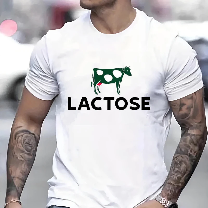 2026 New Green Cow Patterned Men Women T-shirt Letter LACTOSE Print Unisex Tee Classic Harajuku Couple Casual Hip-hop Clothing