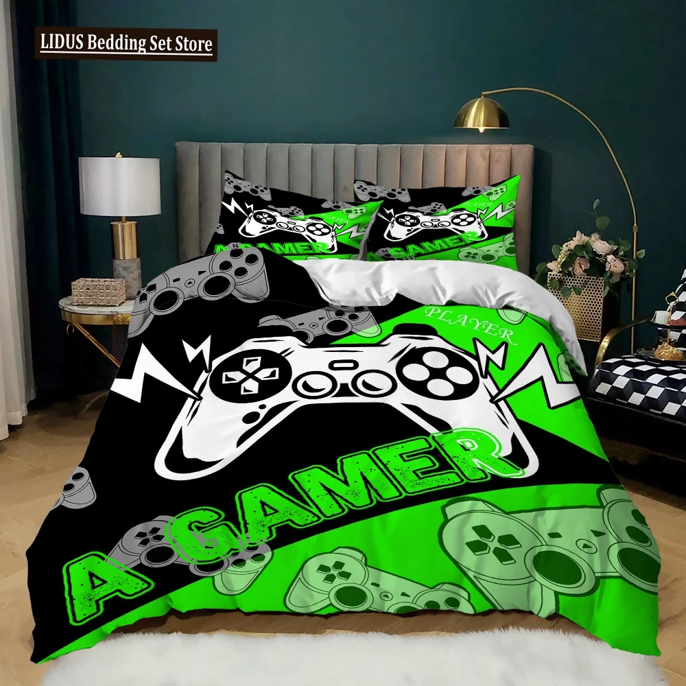 Game Duvet Cover Set For Boy Teen Video Game Controller King Size Comforter Cover Microfiber Black And Green Gamepad Quilt Cover