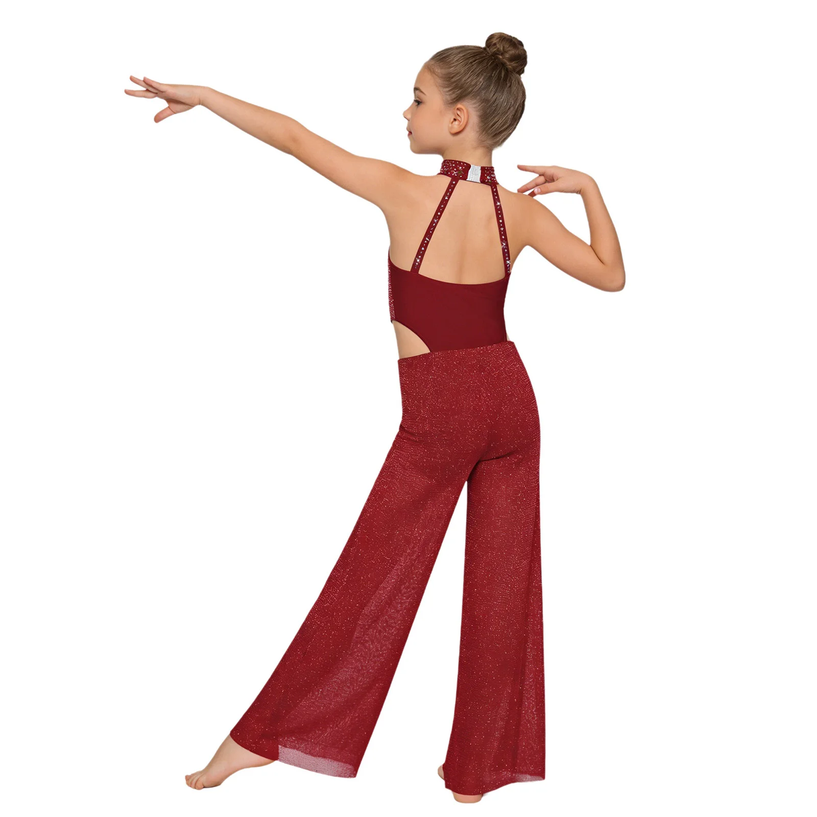 

Костюм для лирического танца для девочек: комбинезон для балета, латины, джаза, фигурного катания, без рукавов, с вырезами, блестящими стразами, широкими штанинами