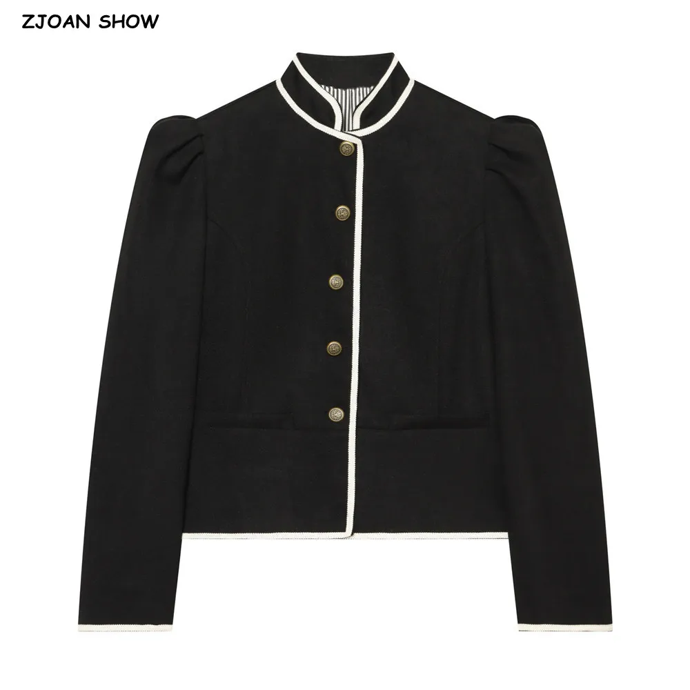 CHIC Autumn Women Black With White Binding Stand Collar Blazer Single-breasted Metal Buttons Suit Puff Sleeve Short Coat Outwear