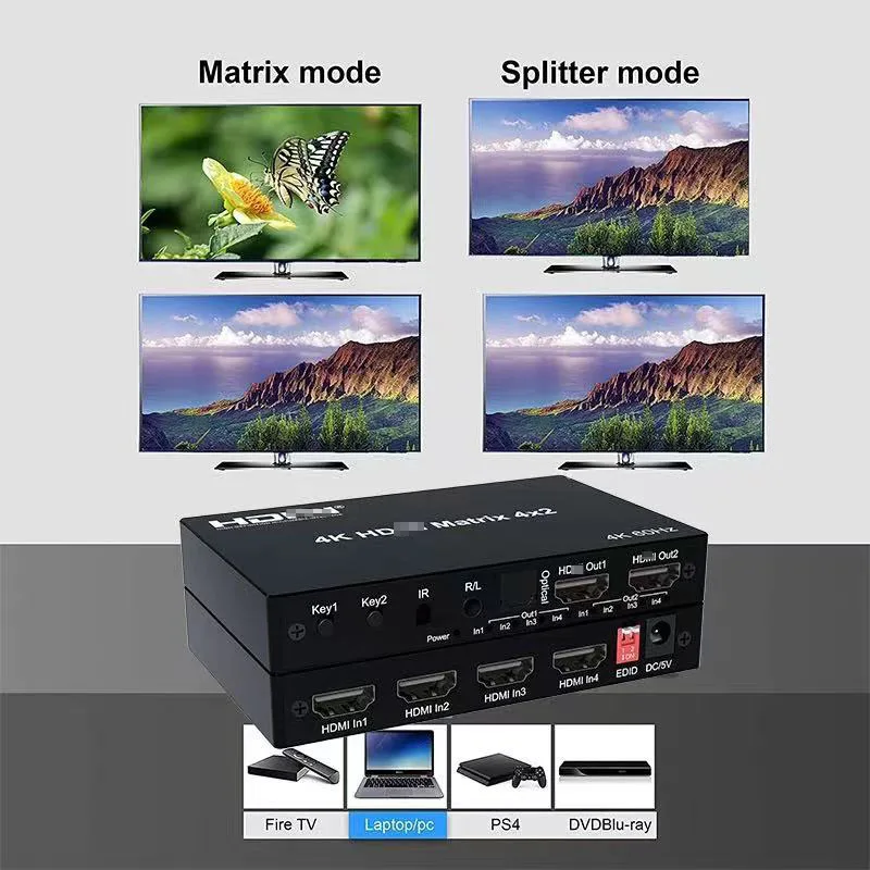 4K 4x2 Matrix przełącznik 2x4 Matrix przełącznik Splitter wideo kompatybilny z HDMI 2 w 4 out z optycznym i R/L ekstraktor Audio Dolby HDCP2.