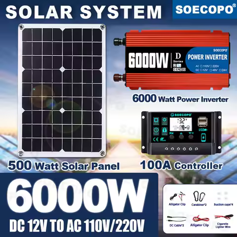 6000W/650W Mini Solar Kit Off-Grid Solar System Panel+Controller+12V to 110V220V Inverter for Home RV CE