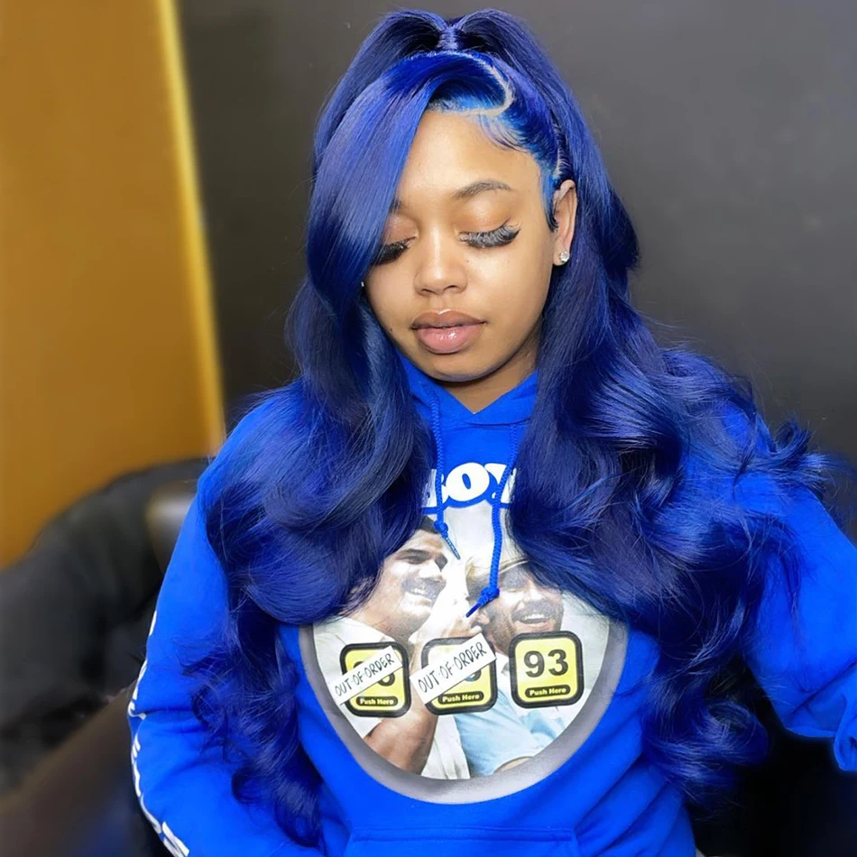 Wig renda depan berwarna biru Royal UNTUK WANITA HITAM 13x4 wig Frontal renda transparan Brasil gelombang tubuh rambut manusia telah ditanami