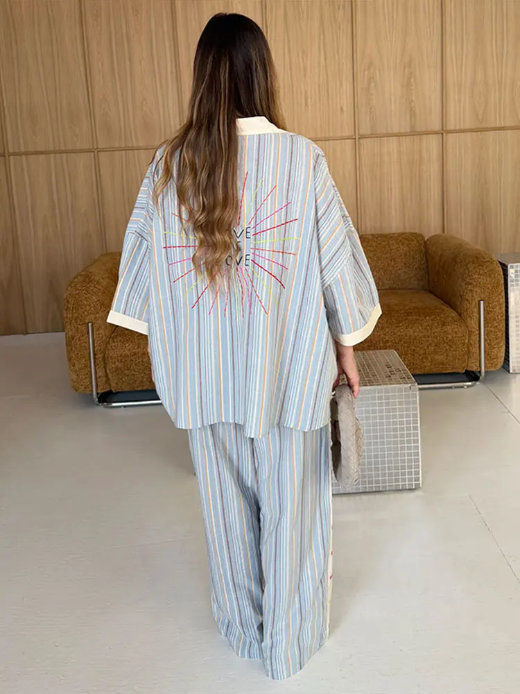 Gestreifte Oversize-Hemd-Hosen-Kombination für Damen, Lässiges Langarm-Oberteil mit Einzelknopfleiste, Weite Hosen, Schicke Damen-Sets – Detail 15
