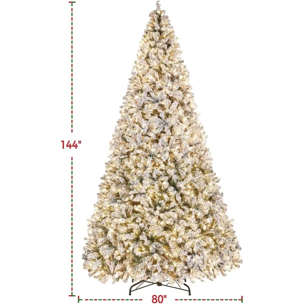 12ft Pre-lit Artificial Christmas Tree W/Incandescent Warm Lights, Snow Flocked Full Prelighted Xmas Tree W/4266 Branch Tips