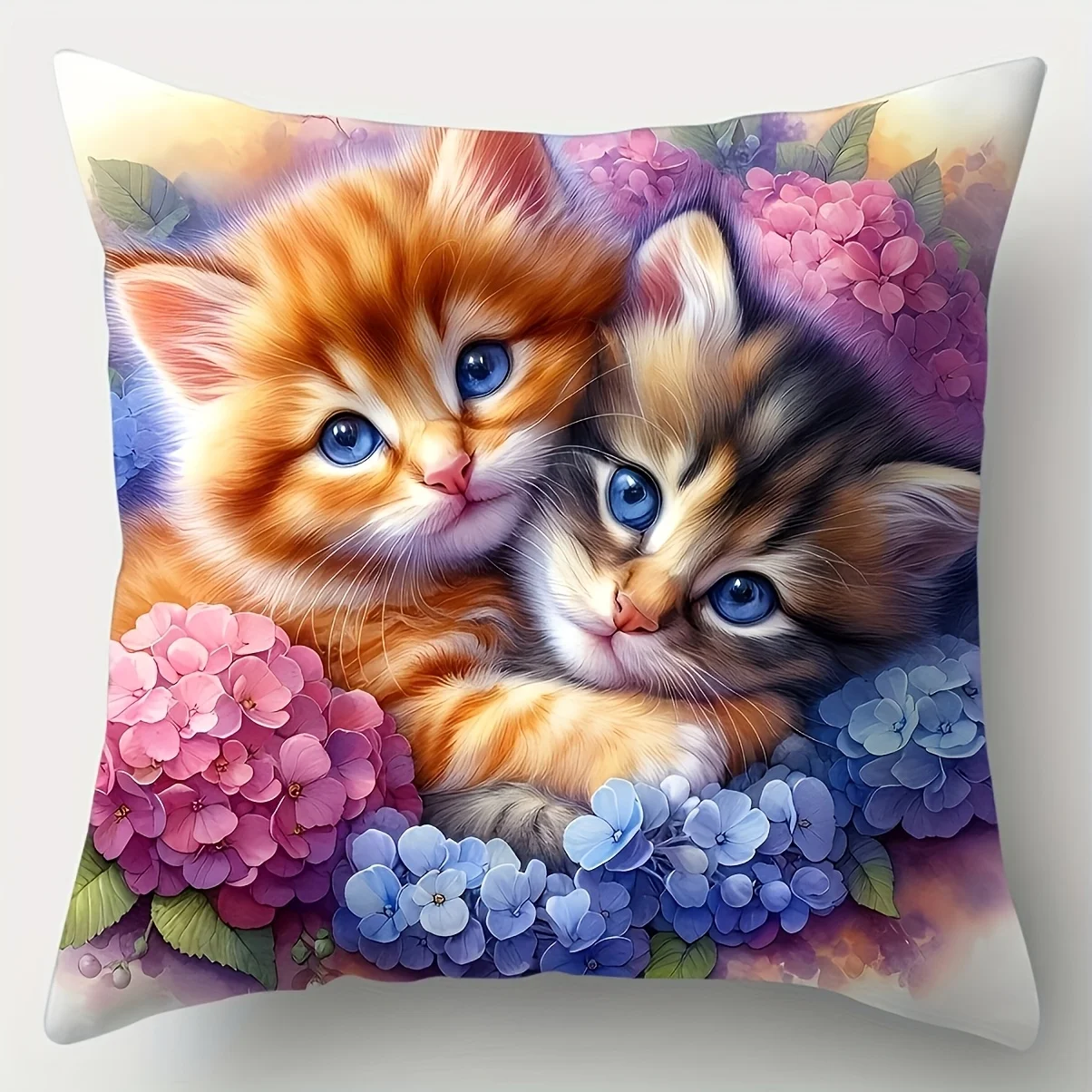 Cute Kitten Hydrangea Pillowcase, Orange Tabby Cat Cushion Cover, Floral Pet Art Decor, Soft Home Gift for Cat Lovers