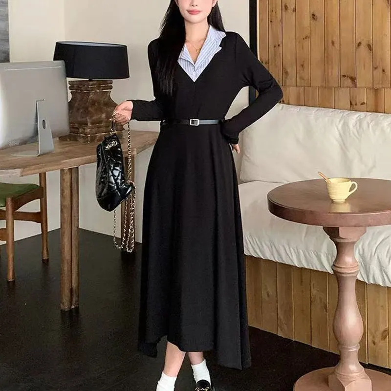 French Style Aura Midi Dress Spring Autumn New Fake Two Pieces Female Clothing Polo-Neck Patchwork A-Line Stylish Sashes Dresses