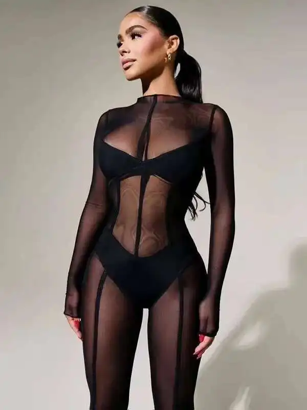 New Cosplay Party Women's Nightclub Style Spliced Mesh Transparent Long Sleeved Sexy Tight Black Bodysuits Charming Smooth W0OJ