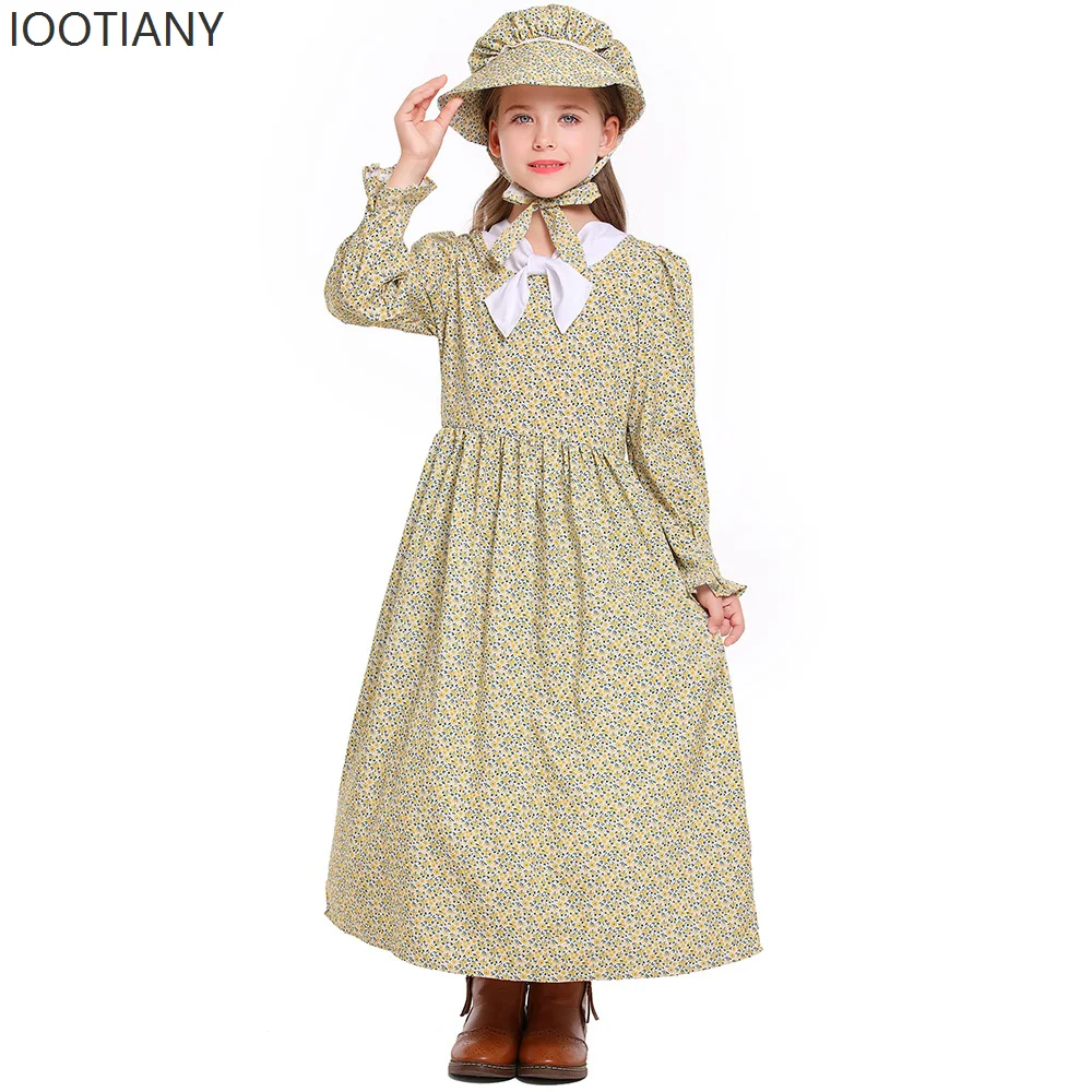 Nowy żółty kwiatowy kostium dla dziewczynek wiktoriański średniowieczny styl duszpasterski sukienka Halloween karnawałowe przyjęcie odgrywanie ról kostium fartuch zestaw