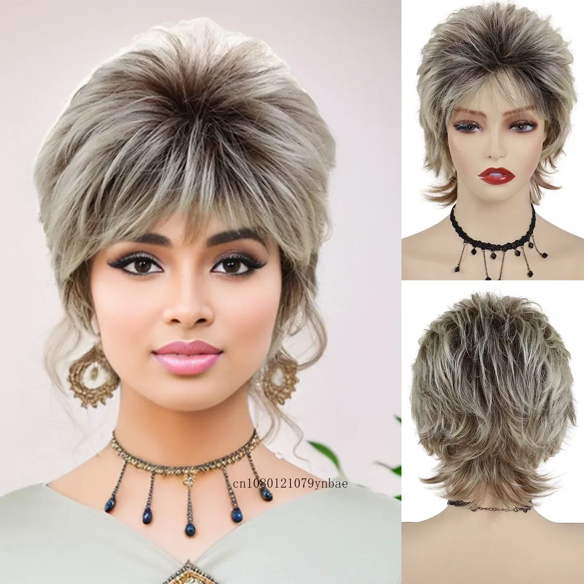 

Short Blonde Mix Brown Wigs Synthetic Hair Layered Pixie Cut Wig with Bangs for Women Heat Resistant Fiber Daily Party Costume