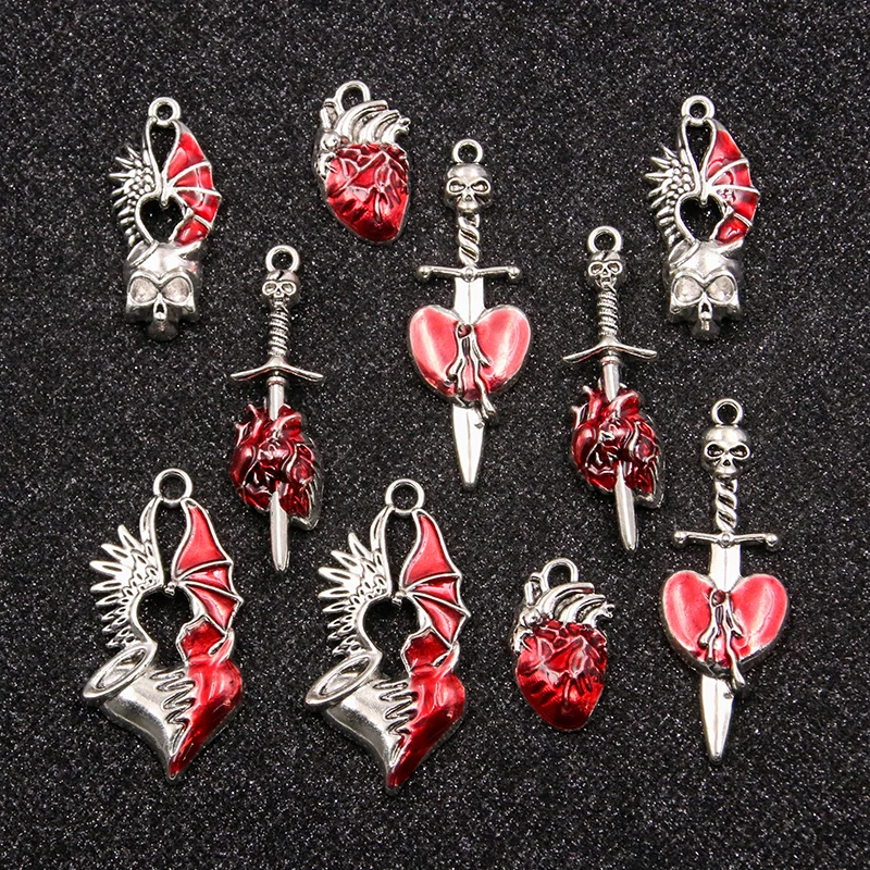 10Pcs Mix Size Alloy Metal Drop Oil Hollow Heart Skull Charm Red Color Pendant For Enamel DIY Bracelet Necklace Jewelry Making