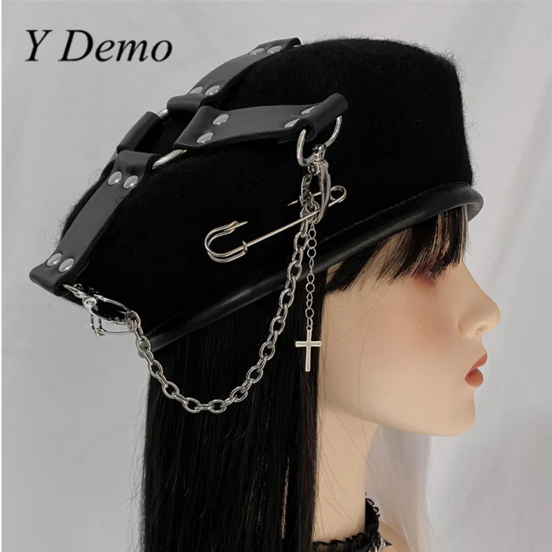 Y Demo Gothic Handmade Pu Cross Buckles Movable Pins Women\'s Beret Punk Hat Grunge