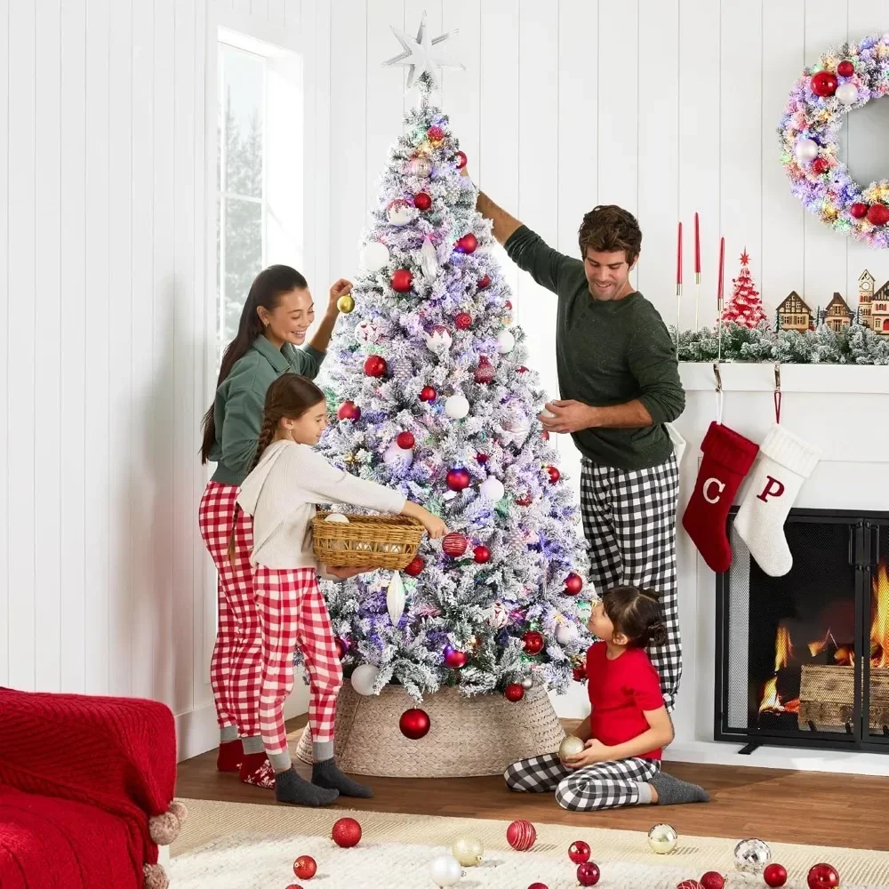 Artificial Christmas Tree, Pre-Lit Snow Flocked Design Pine Tree, Full Appearance Snowy with Metal Stand, Easy Assembly