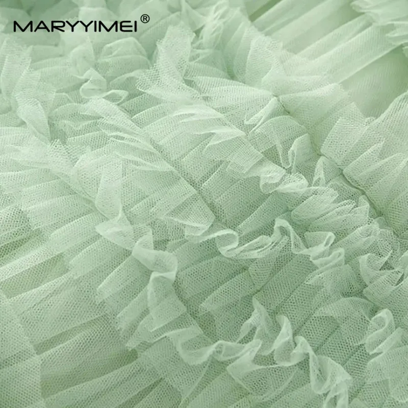 MARYYIMEI Fashion Designer dress Summer Women Dress Solid Color Square Collar Net Yarn Cascading Flounces Big Swing Long Dress