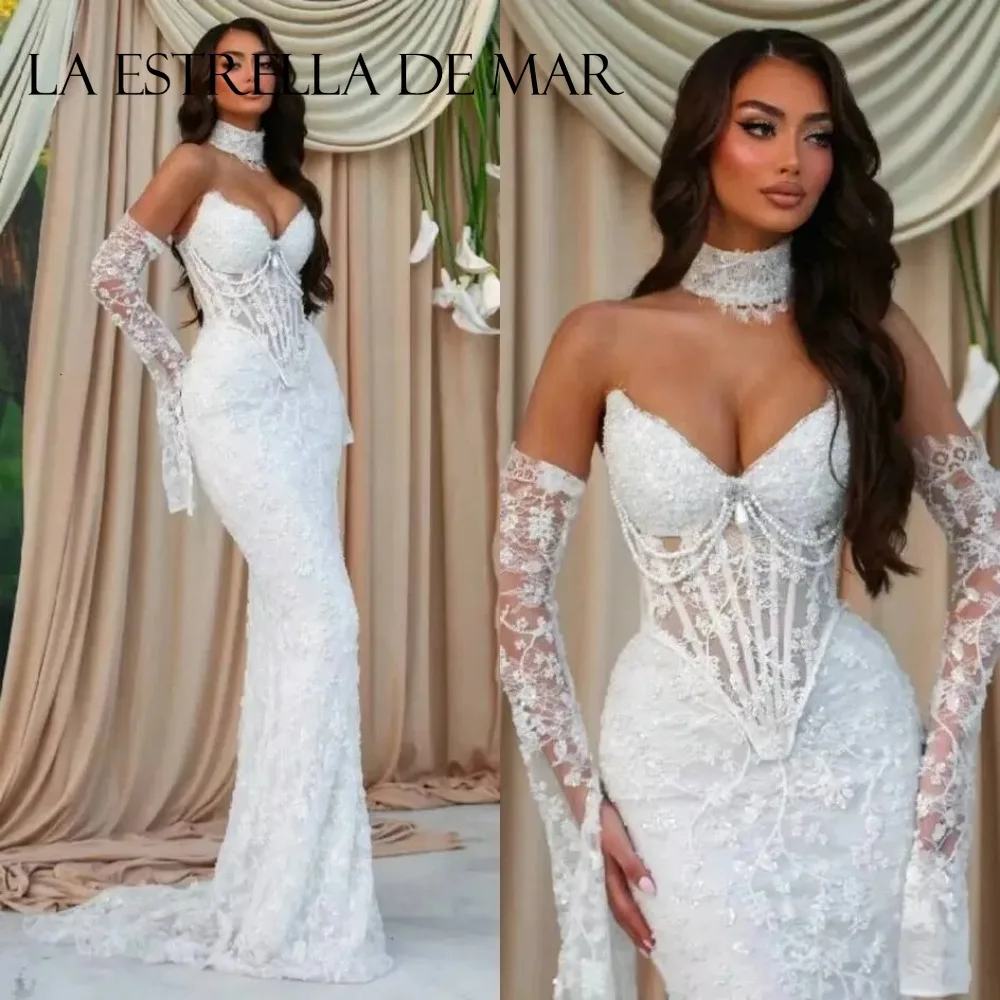 Lace Sexy Mermaid Wedding Dresses Bride Plus Size Sweetheart Neck Corset Vestido De Novia Boda Sweep Train Detachable Sleeves
