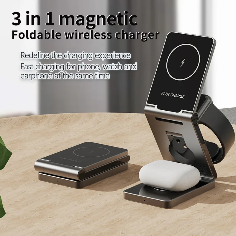 3 In 1 Magnetic Wireless Charger Stand For Apple Watch 8 7 Samsung Watch 6 5 iPhone 14 13 12 11Airprods Fast Charging Station