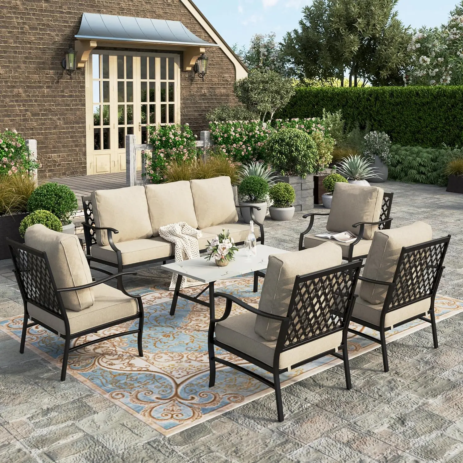 

6 Piece Patio Furniture Set, 4 Metal Cushioned Chair, 3-Seat Sofa with Marbling Coffee Table, Outdoor Conversation Set