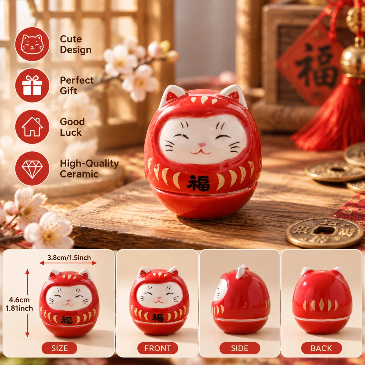 Japanese Ceramic Daruma Crafts Cartoon Lucky Cat Fortune Ornament Landscape Home Decor Accessories Gifts Living Room Decoration