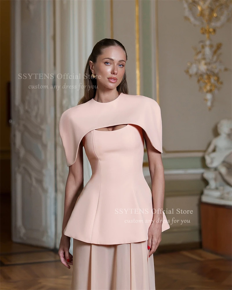 SSYTENS Saudi Arabia Long Length Evening Dresses Pink High Neck Robes De Soirée Cape Asymmetrical Vestidos Para Mujer Customized
