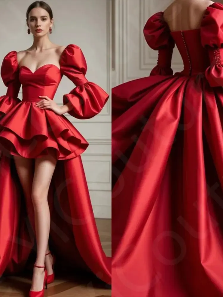Customized Charming Red Evening Dresses  High Low Prom Gowns Sweetheart Puffy 3/4 Sleeves Wedding Party Dresses Back Out image 3