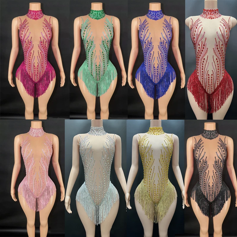 

8 Colors Full Rhinestones Fringed Bodysuit Sexy Mesh Pole Dance Party Dress Women Outfit Bar Ds Dj Gogo Costume Clubwear XS8602