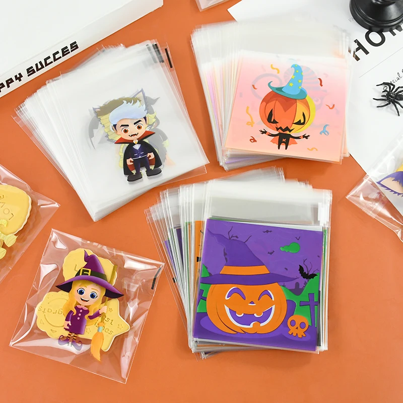 100PCS/Set Self Sealing Halloween Candy Packaging Bags Trick Or Treat Pumpkin Bat Cat Cookies Bag Kid Halloween Party Gift Decor