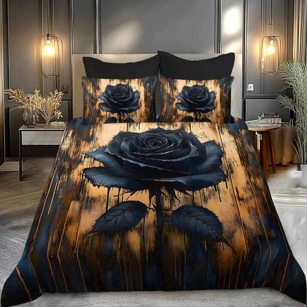 

Vintage Luxury Black Rose Floral Print Duvet Cover Set Full Size Polyester Bedding Collection for Spring/Summer