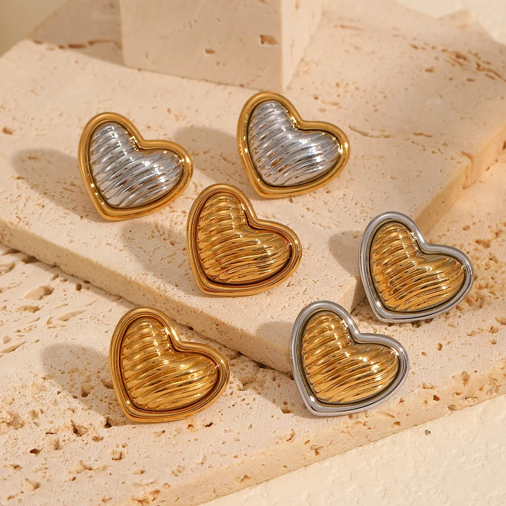 Stainless Steel Wrinkled Gold Color Earrings For Women Metal Earing Jewelry Trending Vintage  Heart Earrings