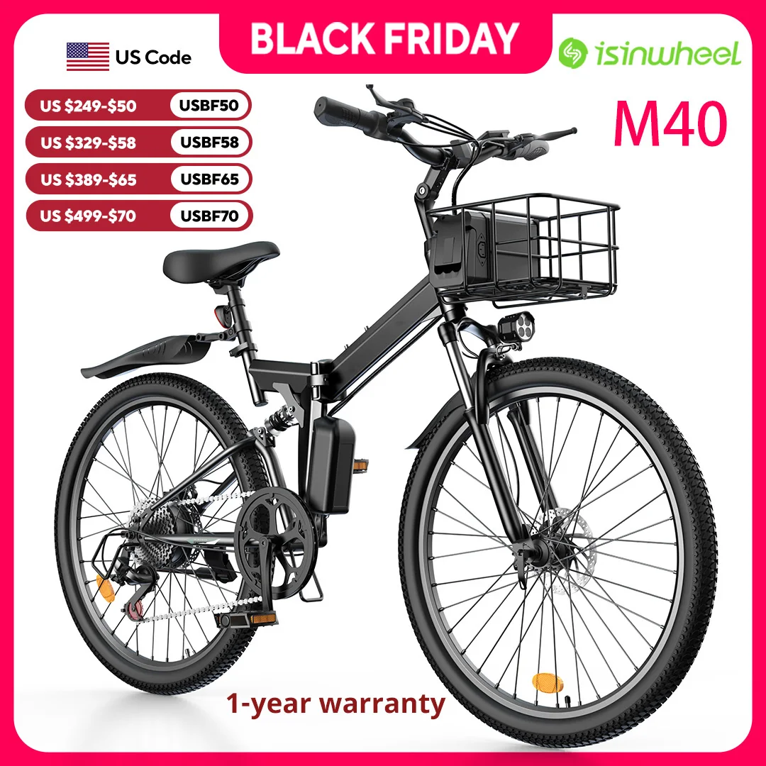 Bicicleta eléctrica plegable Isinwheel M40, 36V, 10Ah, 500W, con cesta, 20mph, bicicletas eléctricas multifuncionales con cesta