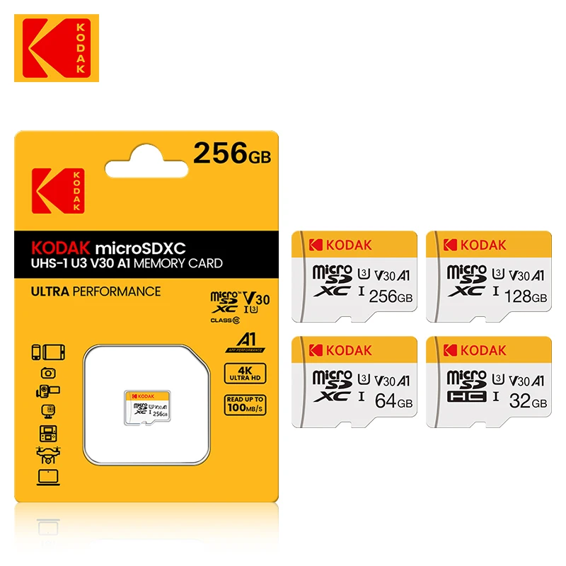 Оригинальная карта памяти KODAK 64 Гб 128 ГБ 256 ГБ U3 4K Micro SD карта 32 Гб SDHC UHS-I C10 A1 V30 TF Trans Flash Microsd