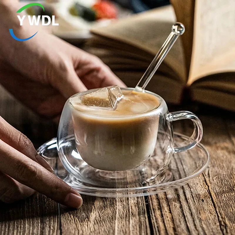 YWDL 180/250ml Double Wall Glass With Dish And Spoon Clear Glass Espresso Cups Set Heat Resistant Handle Coffee Mug Drinkware