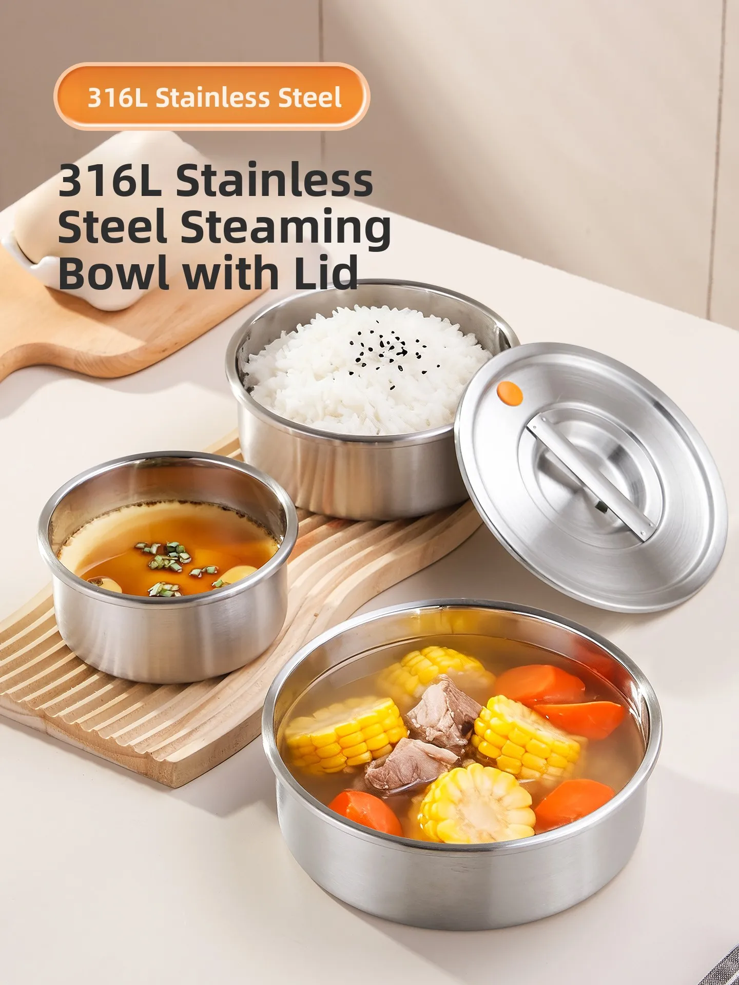 

Food Grade 316L Stainless Steel Steamed Egg Special Bowl with Lid Slow Cooker Home Use Steamed Rice Bowl round Shape Smooth