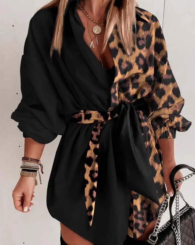 Dresses for Woman 2023 Leopard Print Lantern Sleeve Long Sleeve Belted Casual Daily Mini Female Shirt Dress With Belt