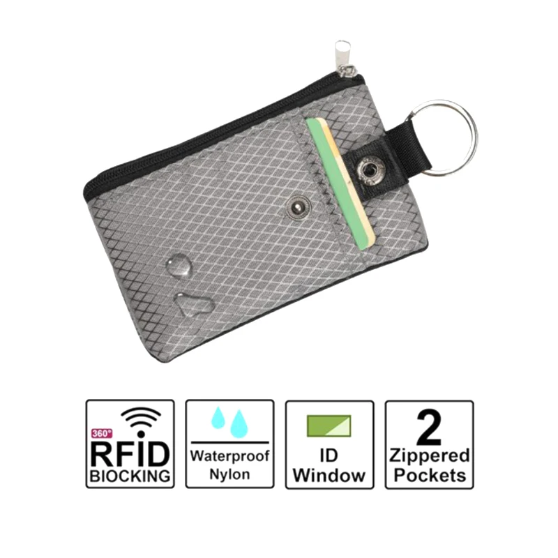 Petit portefeuille bloquant RFID avec fenêtre d'identification, étui à fermeture éclair étanche, poudres avec lanière, porte-clés pour cartes, porte-monnaie en espèces