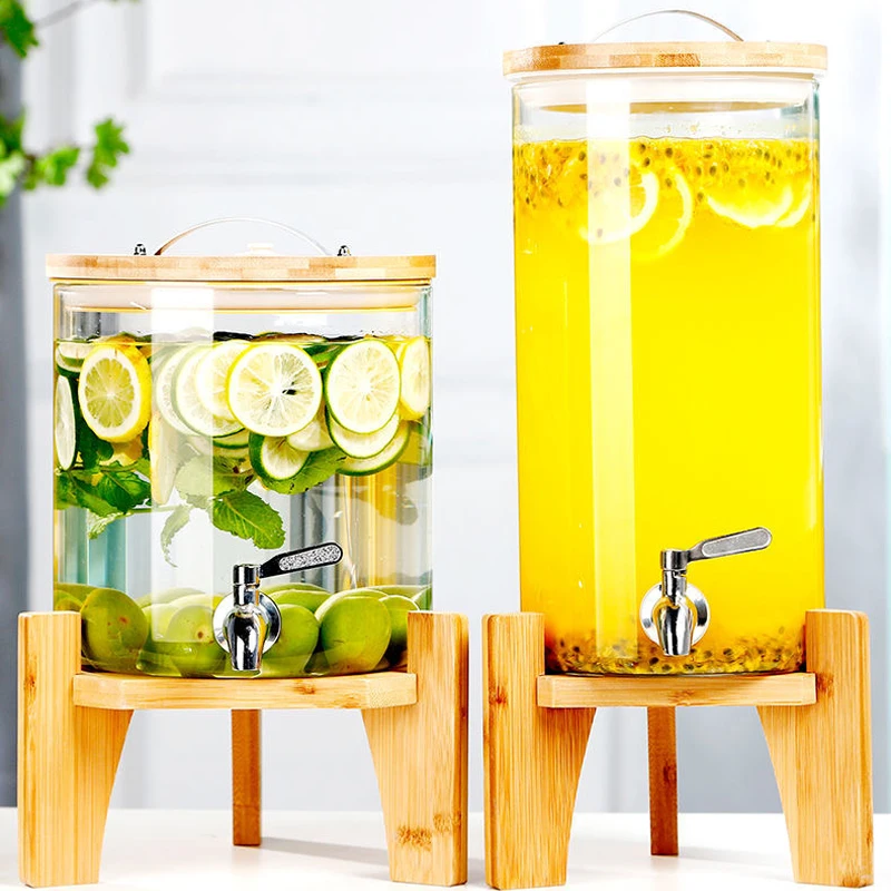 Glass Drink Juice Dispenser Water Beer Cold Drink Beverage Dispensers With Wooden Stand Lid Tap