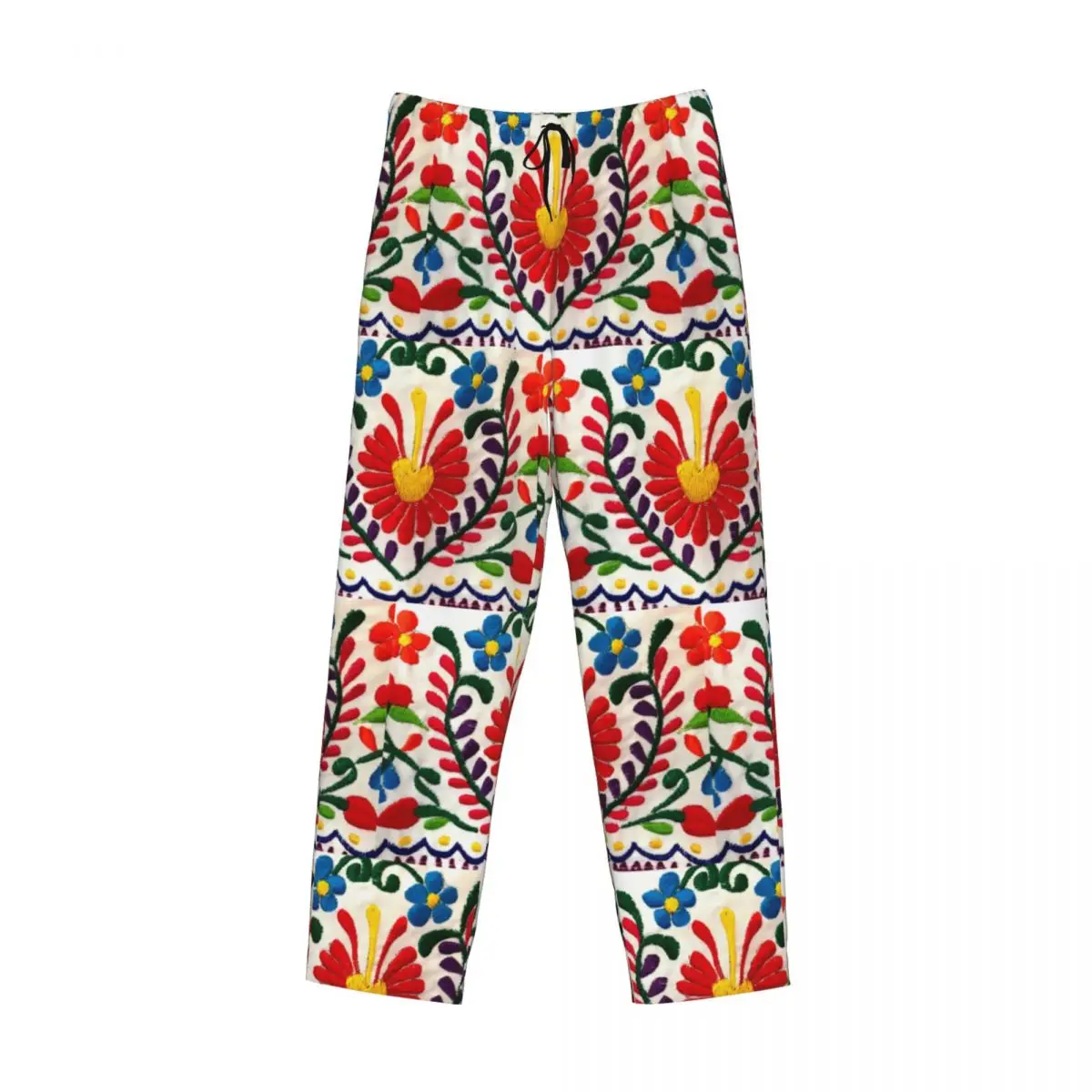 Custom Mexicaanse Bloemen Borduurwerk Pyjama Broek Nachtkleding Heren Elastische Tailleband Slaap Lounge Broek Met Zakken