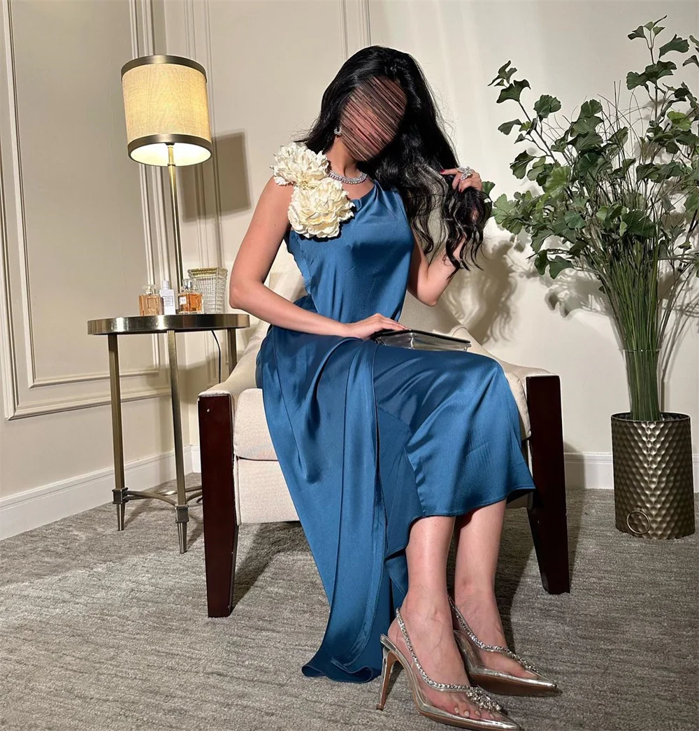 Customized Saudi Arabia Formal Gown Dearin Shoulder Girdle A-line Ankle Length Skirts Draped Applique 3D Flower Sleeveless Bespo image 6