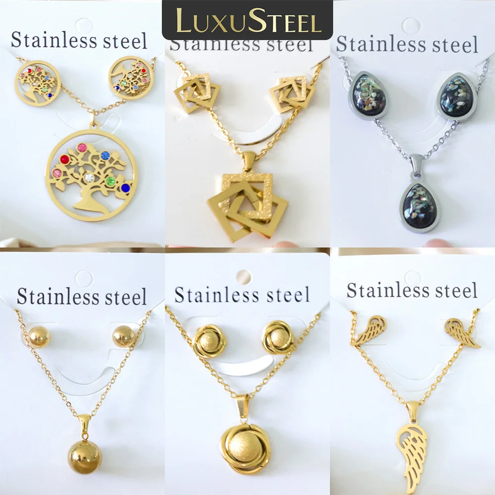 LUXUSTEEL Retro Tree of Life Women’s Jewelry Set Pendant Earnail Set Stainless Steel Crystal Wedding party Necklace Earring Set