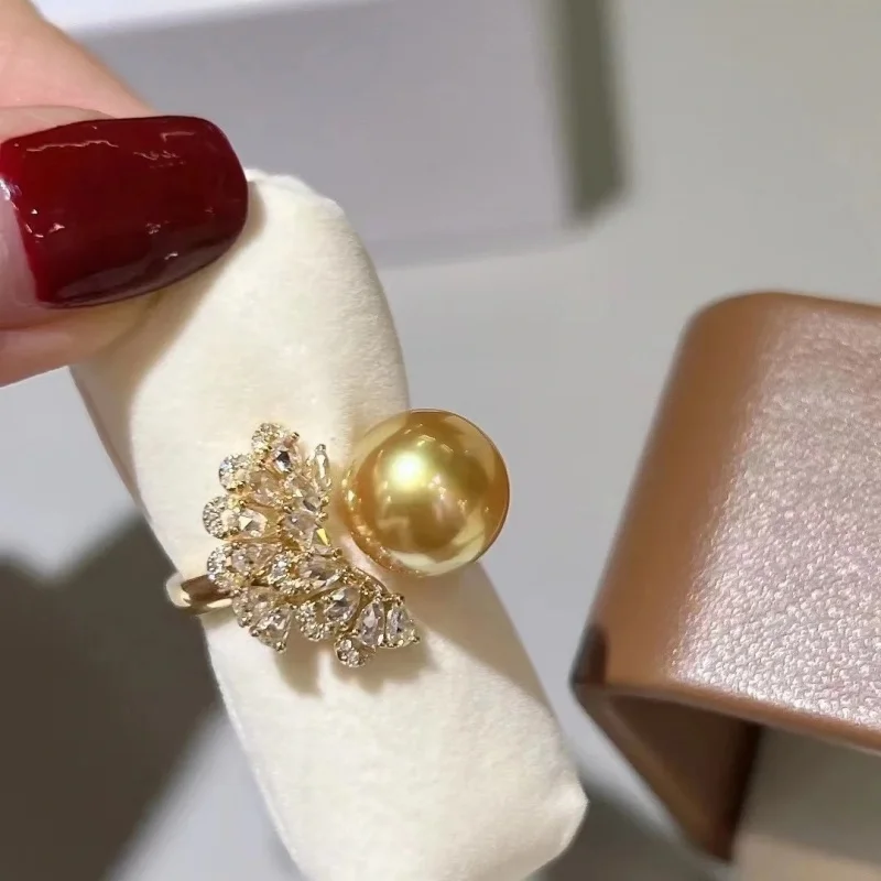 

SGARIT Gorgeous AAAA++++ REAL NATURE 10-11mm South Sea Gold Round Pearl Ring Engagement Wedding Jewelry