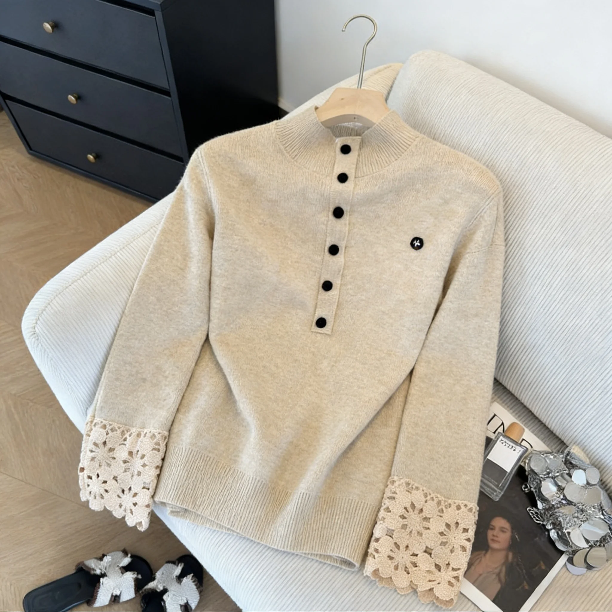 

Ele Oaeal Knitted Base Layer Top Women's Faion Spring Autumn Hollow out f High Collar Sve Hook Flower Design