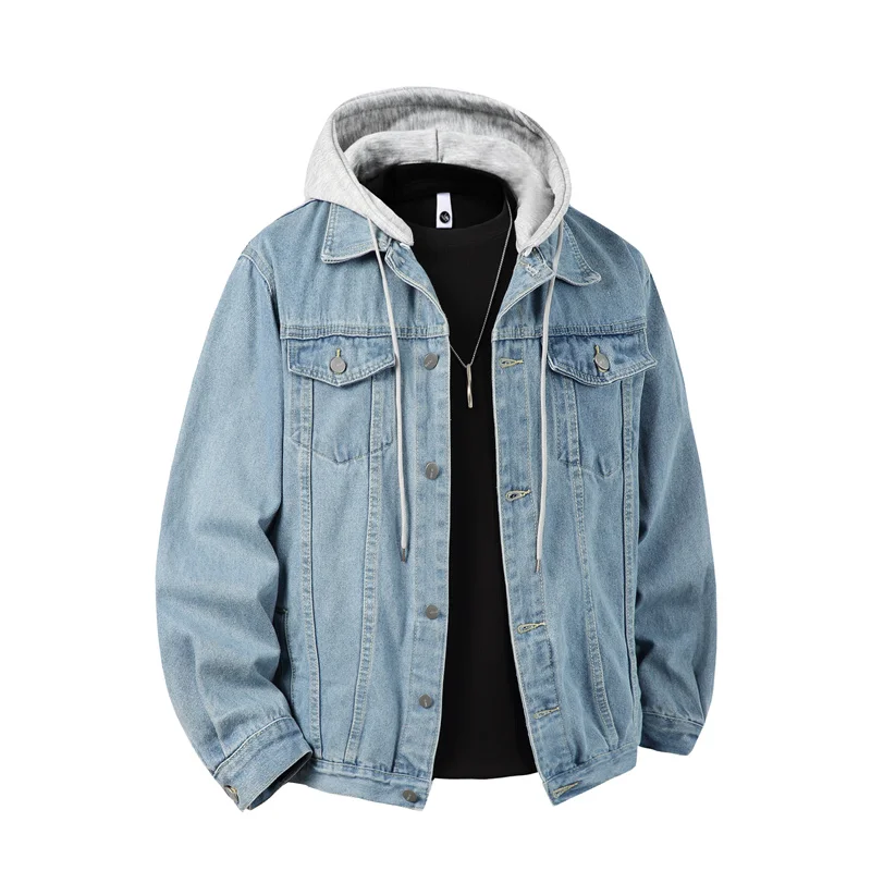 ผู้ชายHooded Denimแจ็คเก็ตผู้ชายStreetwearเปิดลงปกOutwear CoatชายRetroรถจักรยานยนต์แจ็คเก็ตMan Patchwork Bomber Jacket