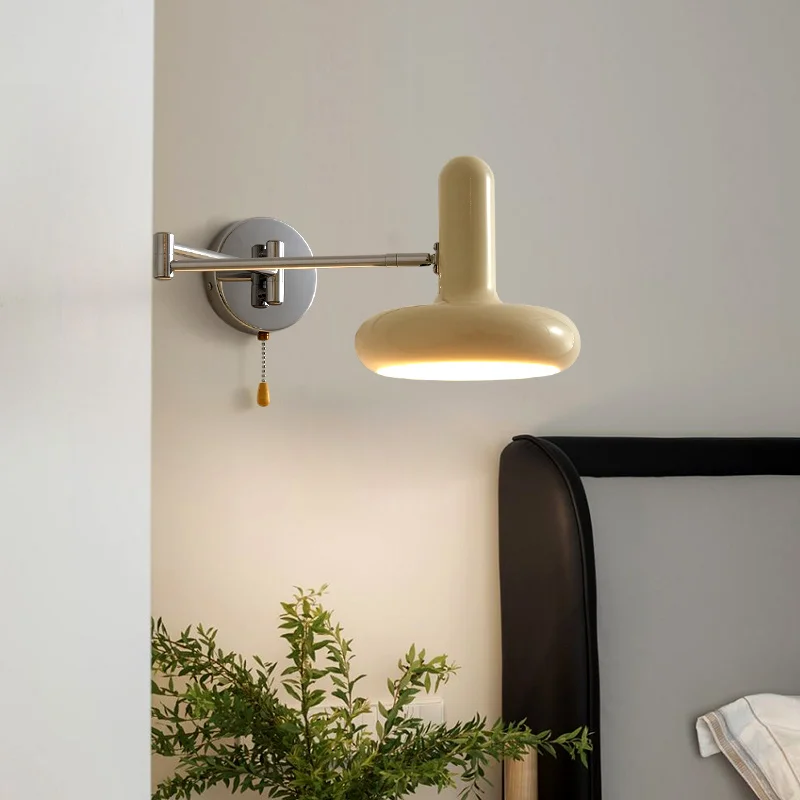 Bauhaus Swing Arm Swivel Wall Lamp with Plug-in Cord Modern LED Lights Bedroom Bedside Rotary Reading Sconce Pull Wire Switch