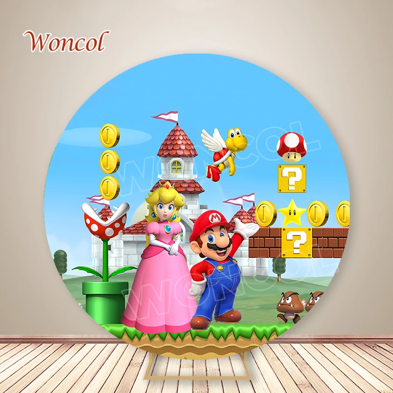 Mario Princess Peach Round Backdrop Child Birthday Baby Shower Background Princess Peach Yoshi Mario Cylinder Cover Decor Prop