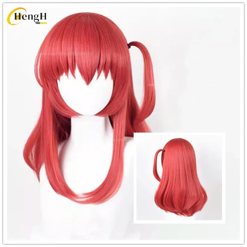 Em estoque ikuyo kita cabelo sintético anime 50cm longo rosa vermelho lado amarrado trança cosplay anime peruca resistente ao calor perucas de halloween